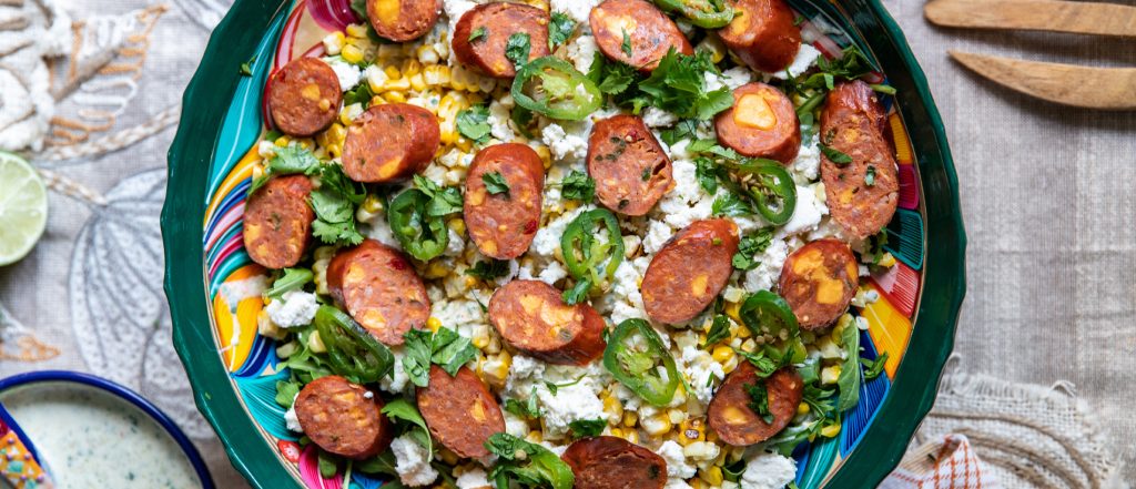 Mexican Street Corn Salad with Jalapeño and Cheddar Smokies