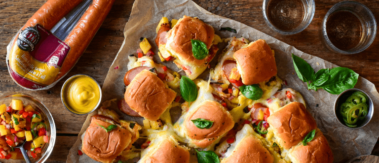 Ham Garlic Sausage with Pineapple Salsa Sliders