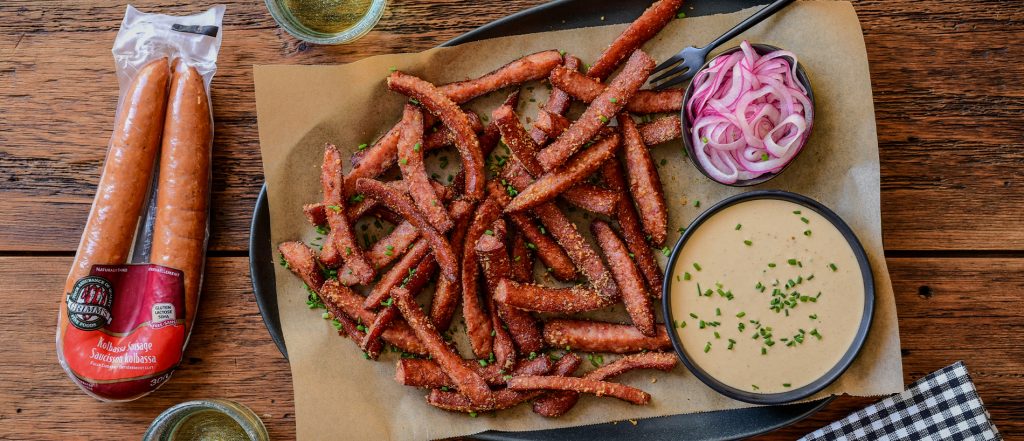 Gluten-Free Kolbassa Fries with Spicy Mustard Aioli