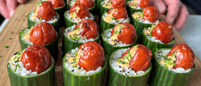 Warm Smokie Popper “Sushi” Bites in Cucumber Cups