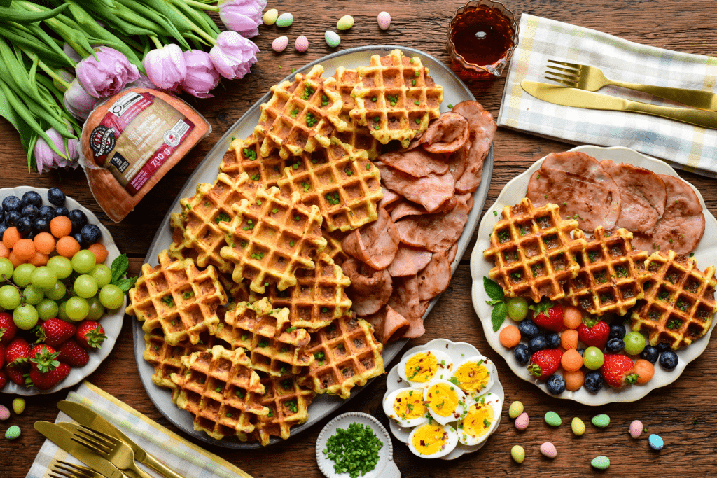 Ham and Cheddar Cornmeal Waffles